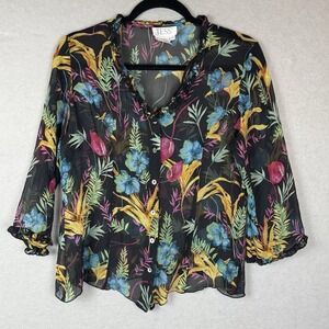 Vtg Tess Black Pink Purple Floral Tropical Artsy Relaxed  Silk Button Up Sz  10